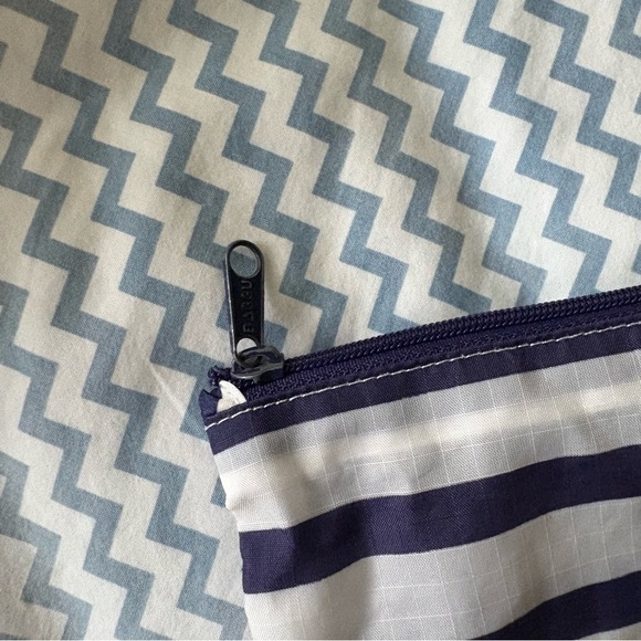 BIG BAGGU Blue White Striped Reusable Foldable Tote Bag Small Zipper Pouch - Picture 6 of 15